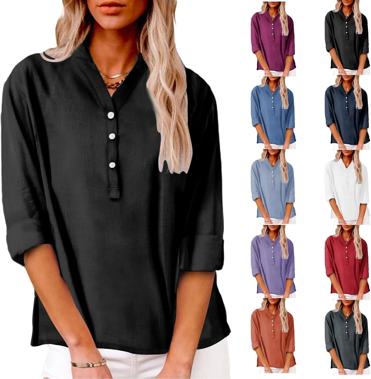 Womens Cotton Linen Shirts Solid 3/4 Sleeve Summer Vacation Tunic Tops Oversized Tshirts V Neck Dressy Blouses Tops