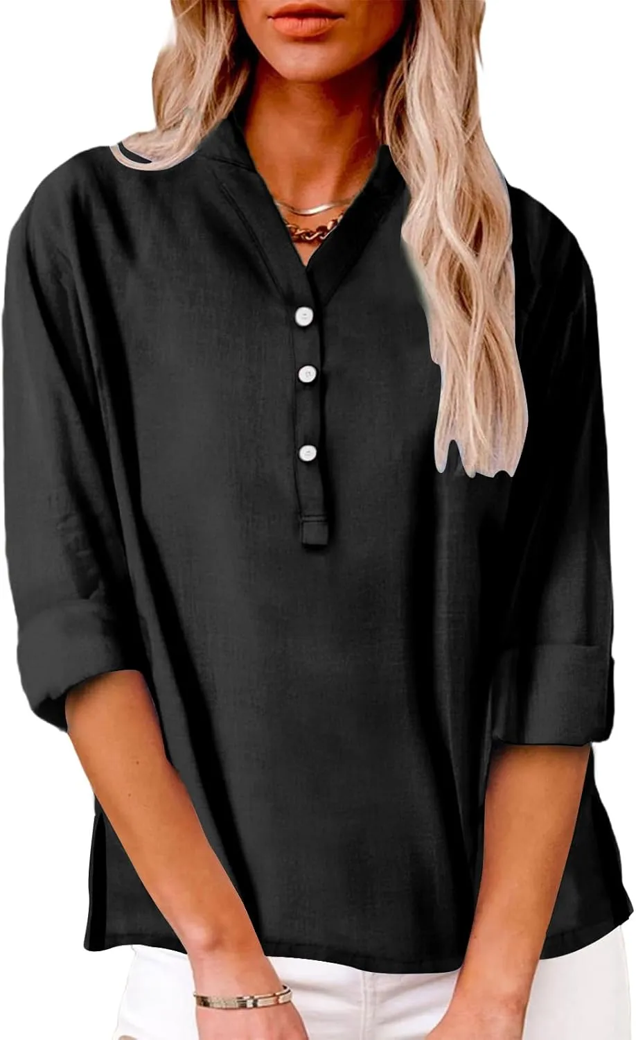 Womens Cotton Linen Shirts Solid 3/4 Sleeve Summer Vacation Tunic Tops Oversized Tshirts V Neck Dressy Blouses Tops