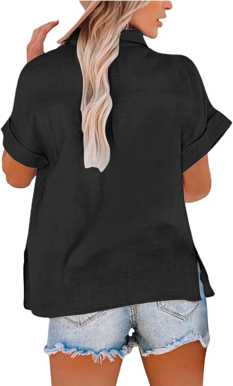 Womens Cotton Linen Shirts Solid 3/4 Sleeve Summer Vacation Tunic Tops Oversized Tshirts V Neck Dressy Blouses Tops