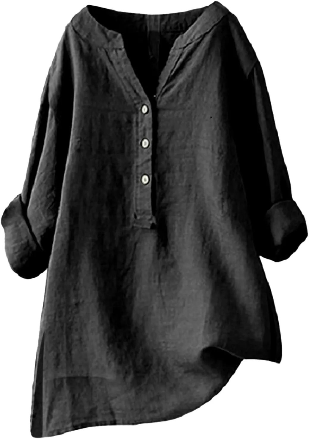 Womens Cotton Linen Shirts Solid 3/4 Sleeve Summer Vacation Tunic Tops Oversized Tshirts V Neck Dressy Blouses Tops