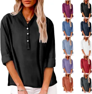 Womens Cotton Linen Shirts Solid 3/4 Sleeve Summer Vacation Tunic Tops Oversized Tshirts V Neck Dressy Blouses Tops