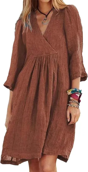 Womens Dresses for Summer Causl 3/4 Sleeve Cotton Linen Dress Loose Tunic Smocked Mini Dress Beach Travel Clothes