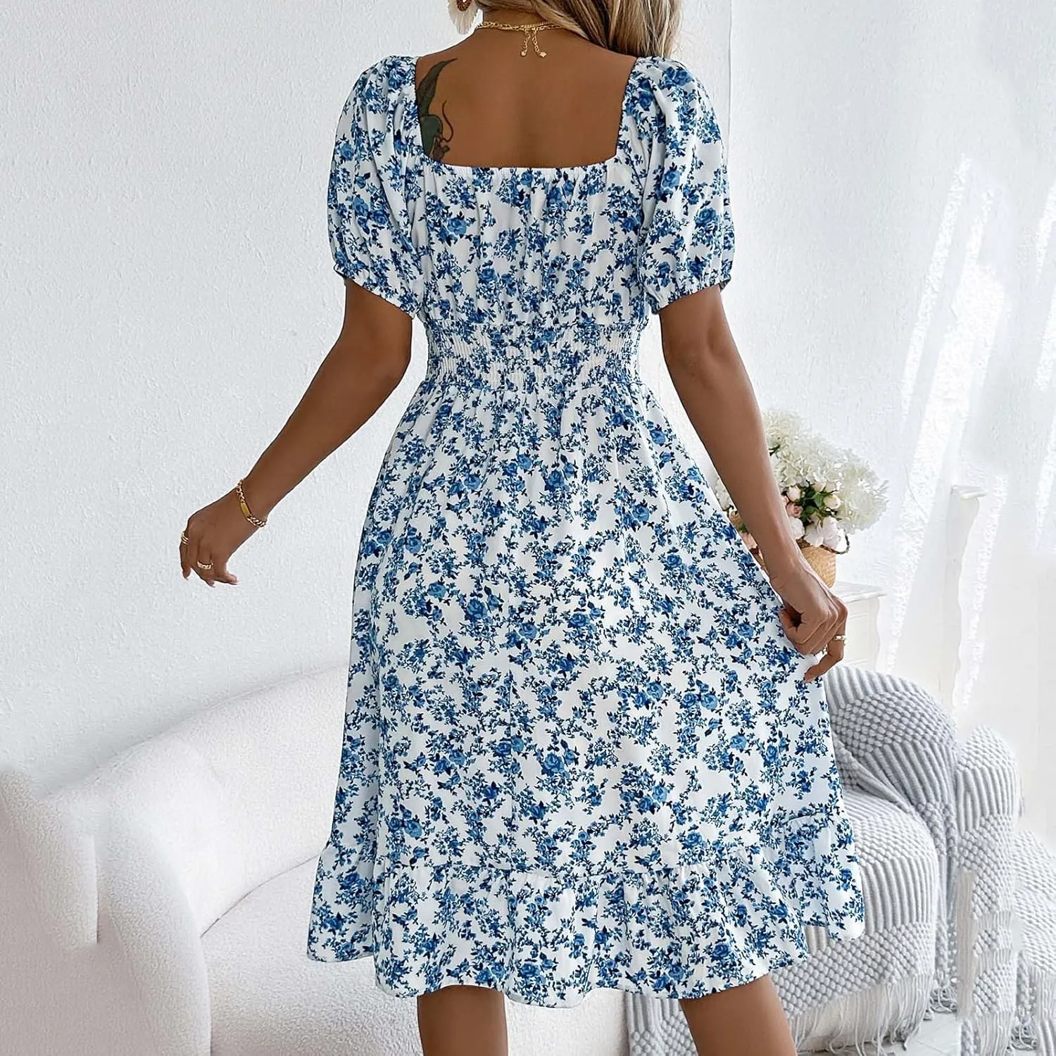 Women's Floral Print Dress Off Shoulder Short Sleeve Flowy A Line Tunic Dress Trendy Summer Beach Midi Sun Dresses