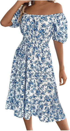 Women's Floral Print Dress Off Shoulder Short Sleeve Flowy A Line Tunic Dress Trendy Summer Beach Midi Sun Dresses
