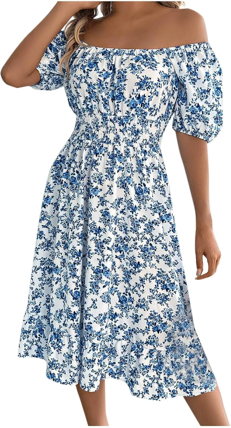 Women's Floral Print Dress Off Shoulder Short Sleeve Flowy A Line Tunic Dress Trendy Summer Beach Midi Sun Dresses