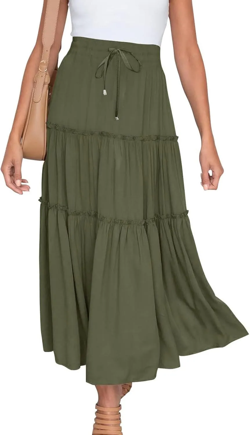 Women's Flowy Boho Maxi Skirt Elastic High Waist Tie A Line Dress Pleated Tiered Summer Casual Beach Long Skirts