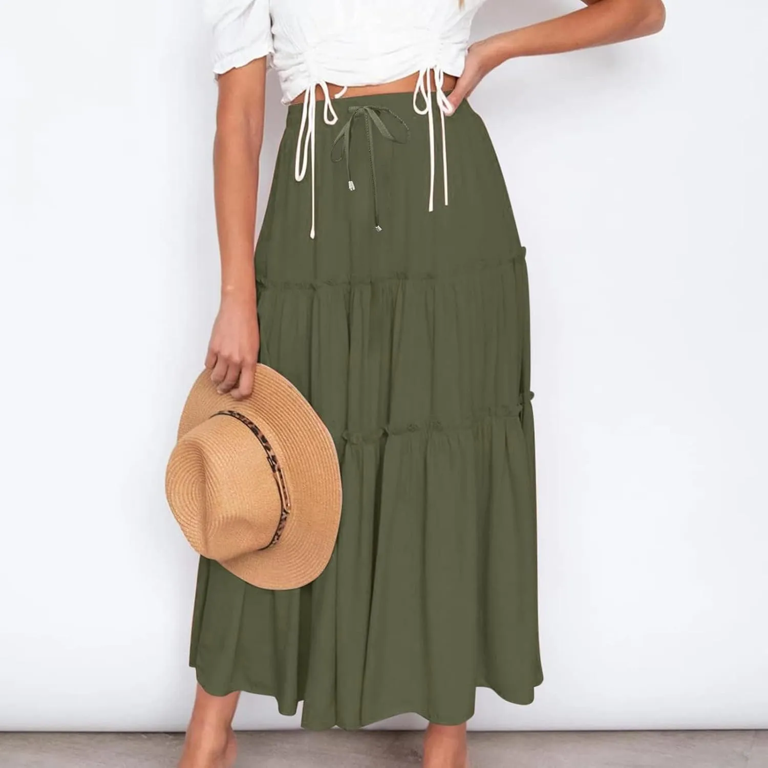 Women's Flowy Boho Maxi Skirt Elastic High Waist Tie A Line Dress Pleated Tiered Summer Casual Beach Long Skirts