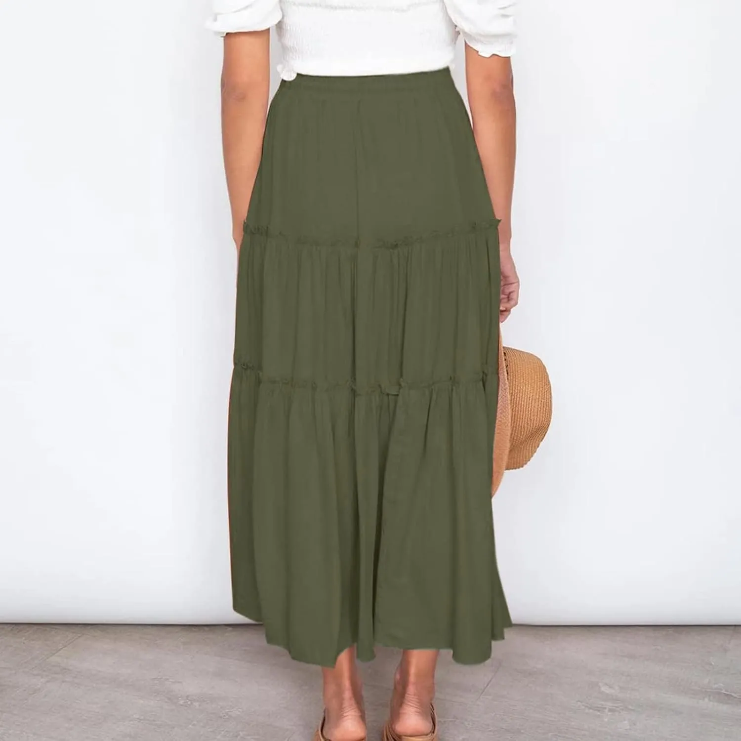 Women's Flowy Boho Maxi Skirt Elastic High Waist Tie A Line Dress Pleated Tiered Summer Casual Beach Long Skirts
