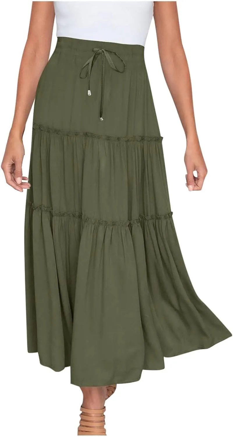 Women's Flowy Boho Maxi Skirt Elastic High Waist Tie A Line Dress Pleated Tiered Summer Casual Beach Long Skirts