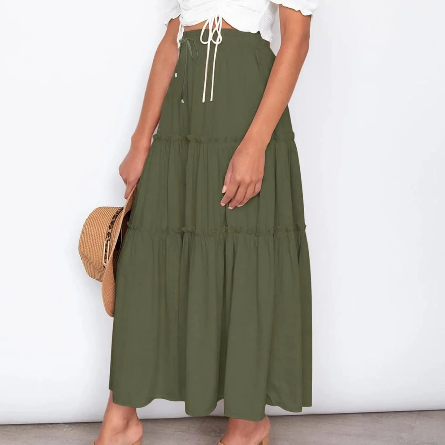 Women's Flowy Boho Maxi Skirt Elastic High Waist Tie A Line Dress Pleated Tiered Summer Casual Beach Long Skirts