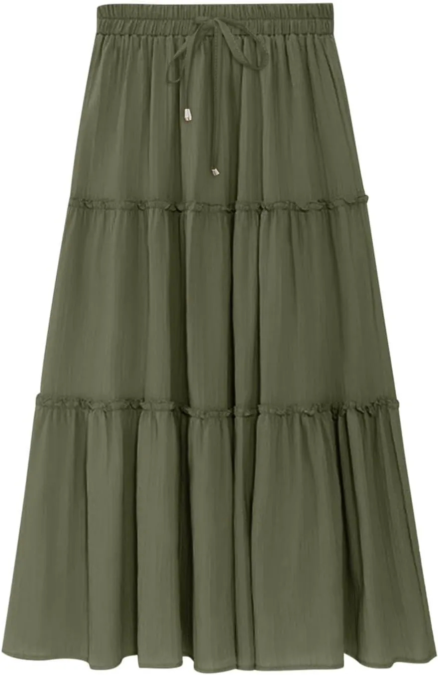 Women's Flowy Boho Maxi Skirt Elastic High Waist Tie A Line Dress Pleated Tiered Summer Casual Beach Long Skirts