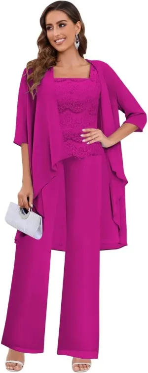 Women's Pant Suits for Wedding 3 Piece Chiffon Lace Mother of The Bride Pantsuit Formal Outfit