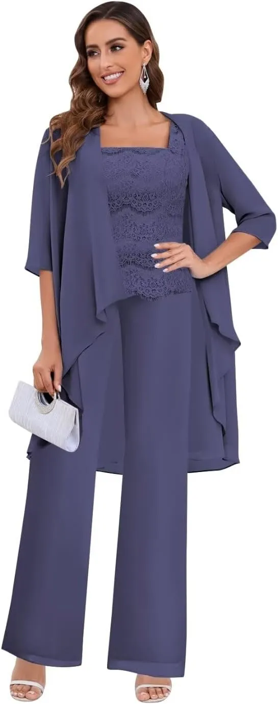 Women's Pant Suits for Wedding 3 Piece Chiffon Lace Mother of The Bride Pantsuit Formal Outfit