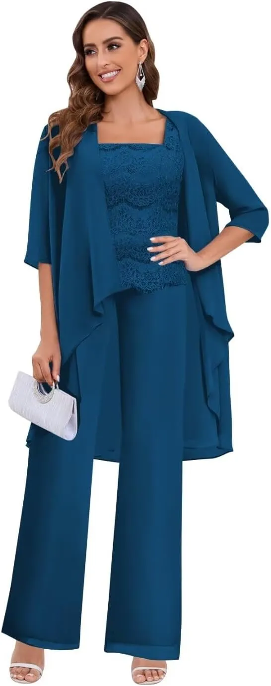 Women's Pant Suits for Wedding 3 Piece Chiffon Lace Mother of The Bride Pantsuit Formal Outfit