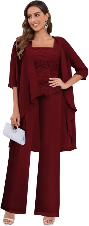 Women's Pant Suits for Wedding 3 Piece Chiffon Lace Mother of The Bride Pantsuit Formal Outfit