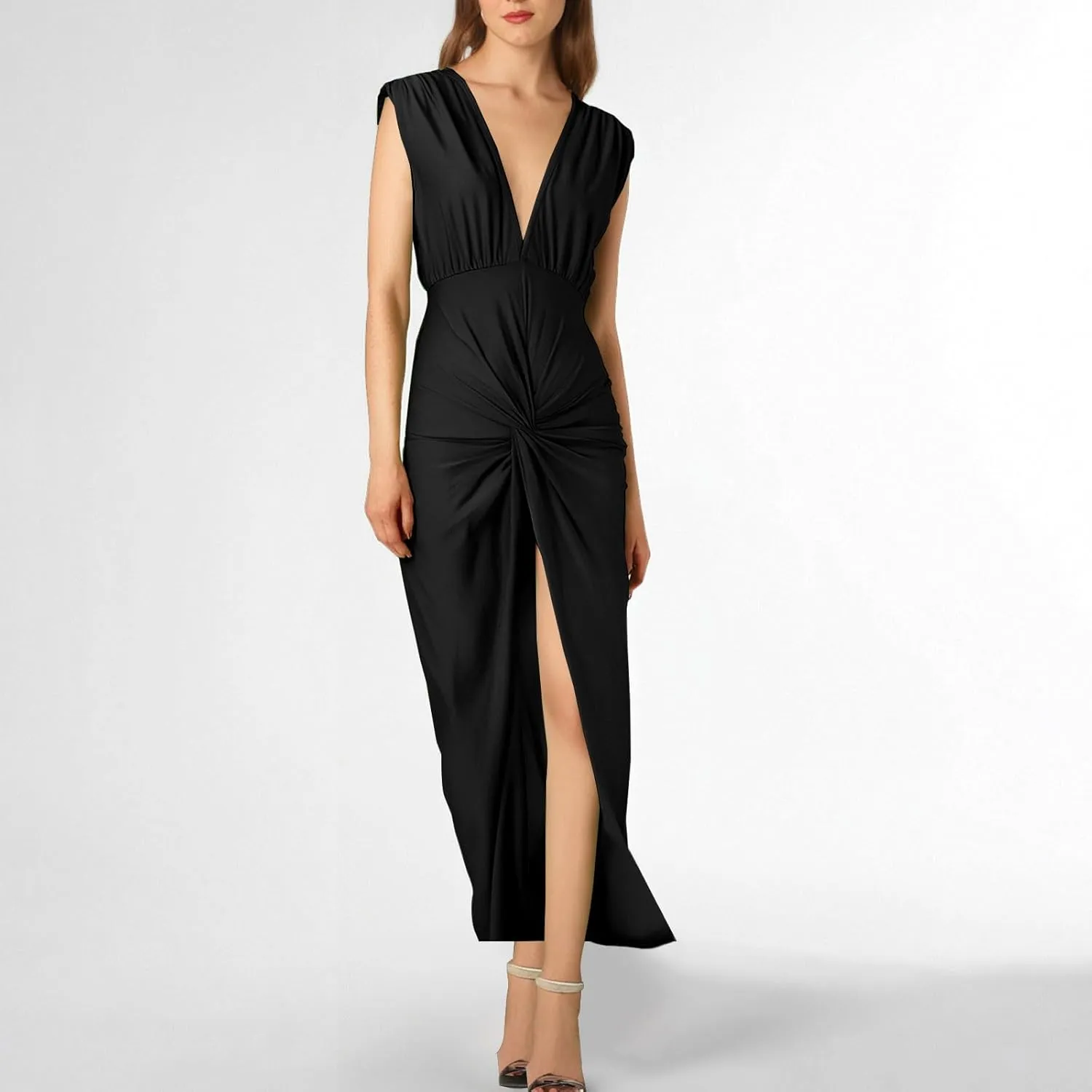 Women's Sexy Plunging V Neck Maxi Dress Elegant Ruched Twist Knot Bodycon High Slit Backless Cocktail Party Dresses