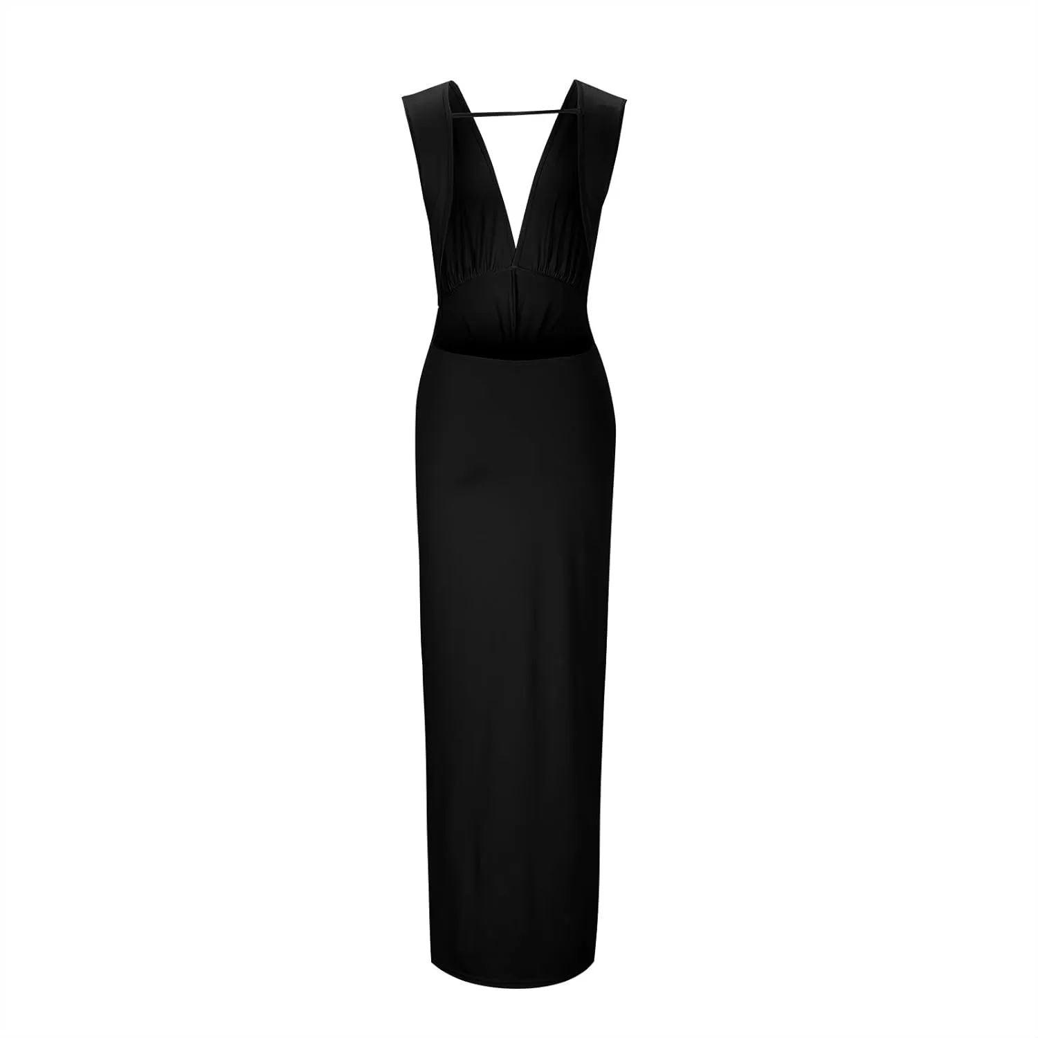 Women's Sexy Plunging V Neck Maxi Dress Elegant Ruched Twist Knot Bodycon High Slit Backless Cocktail Party Dresses