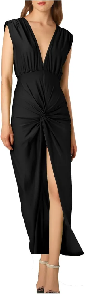 Women's Sexy Plunging V Neck Maxi Dress Elegant Ruched Twist Knot Bodycon High Slit Backless Cocktail Party Dresses