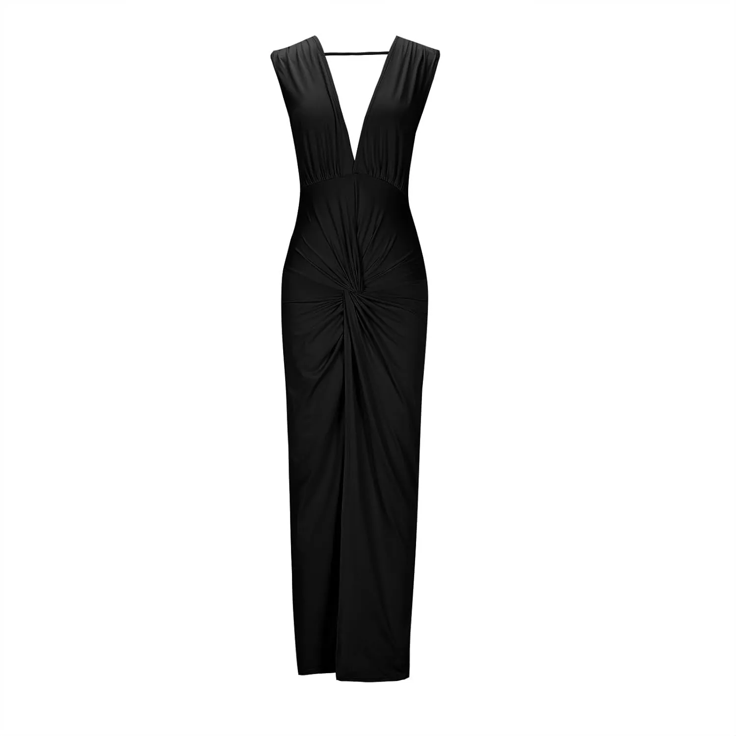 Women's Sexy Plunging V Neck Maxi Dress Elegant Ruched Twist Knot Bodycon High Slit Backless Cocktail Party Dresses