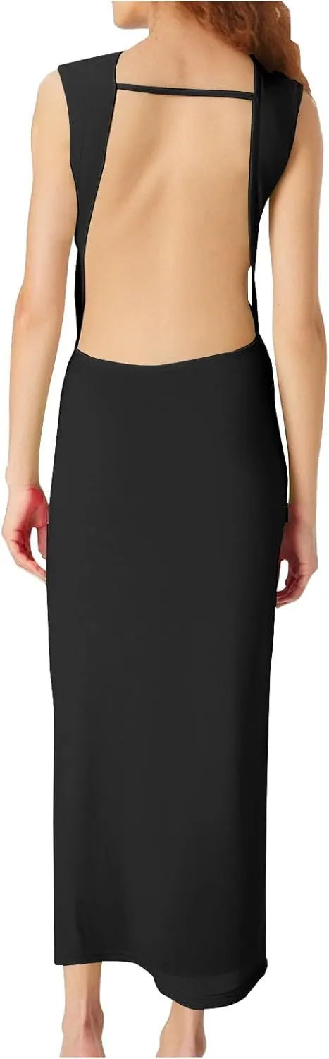 Women's Sexy Plunging V Neck Maxi Dress Elegant Ruched Twist Knot Bodycon High Slit Backless Cocktail Party Dresses