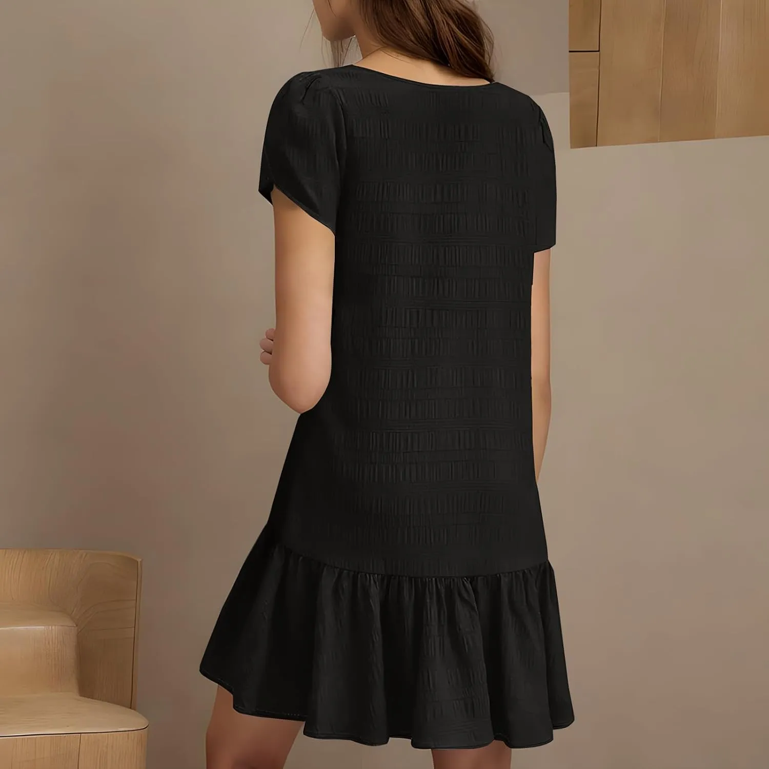 Women's Short Sleeve Ruffle Hem Dress V Neck Casual Summer Beach Mini Dresses Trendy Ruched Loose Flowy Short Dress