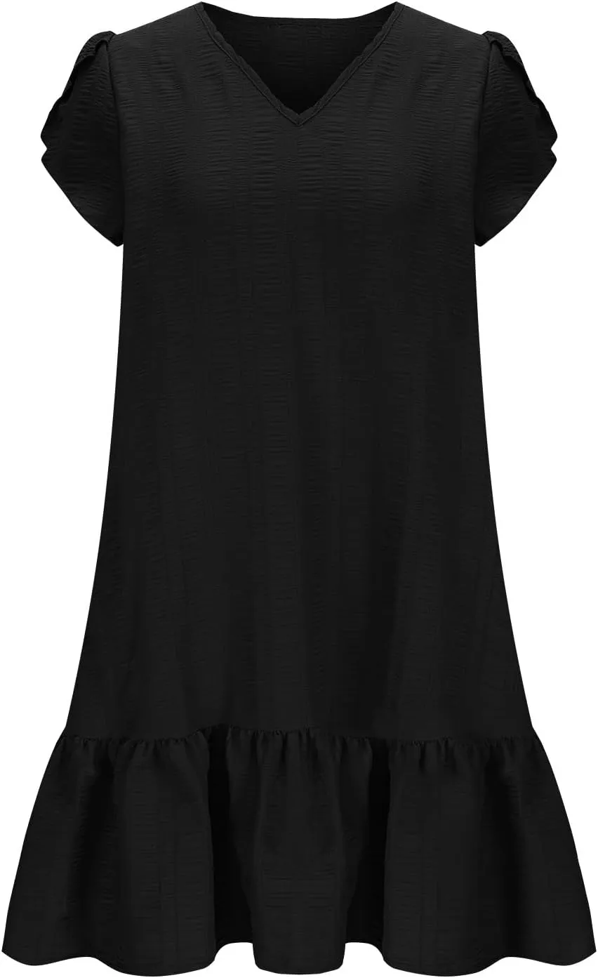 Women's Short Sleeve Ruffle Hem Dress V Neck Casual Summer Beach Mini Dresses Trendy Ruched Loose Flowy Short Dress