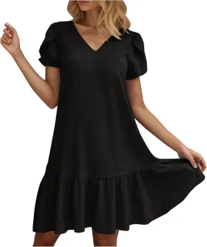 Women's Short Sleeve Ruffle Hem Dress V Neck Casual Summer Beach Mini Dresses Trendy Ruched Loose Flowy Short Dress