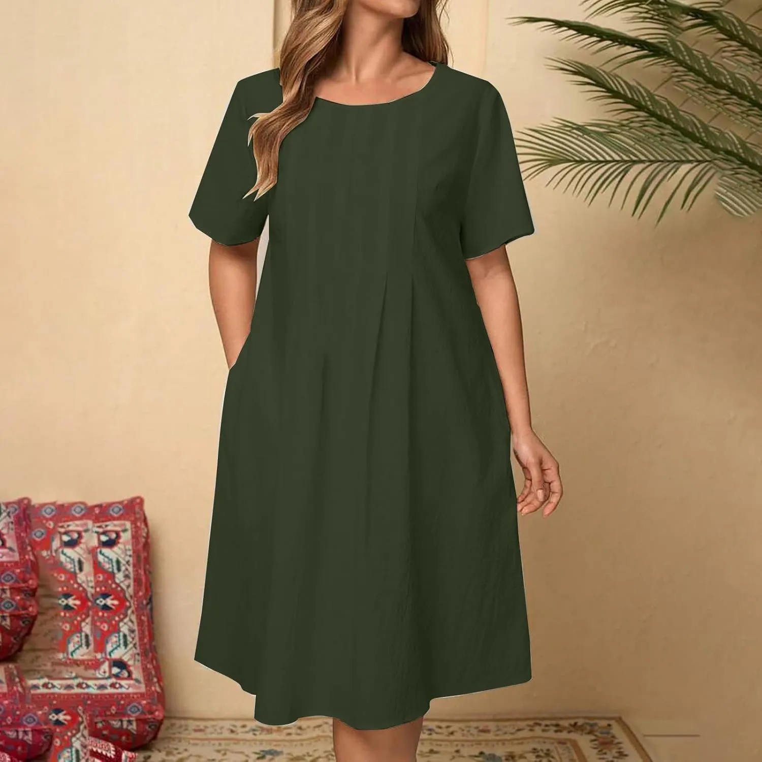 Women's Short Sleeve Swing Midi Dress Flowy Crewneck Plus Size Casual Loose Beach Vacation Dailywear T-Shirt Dress