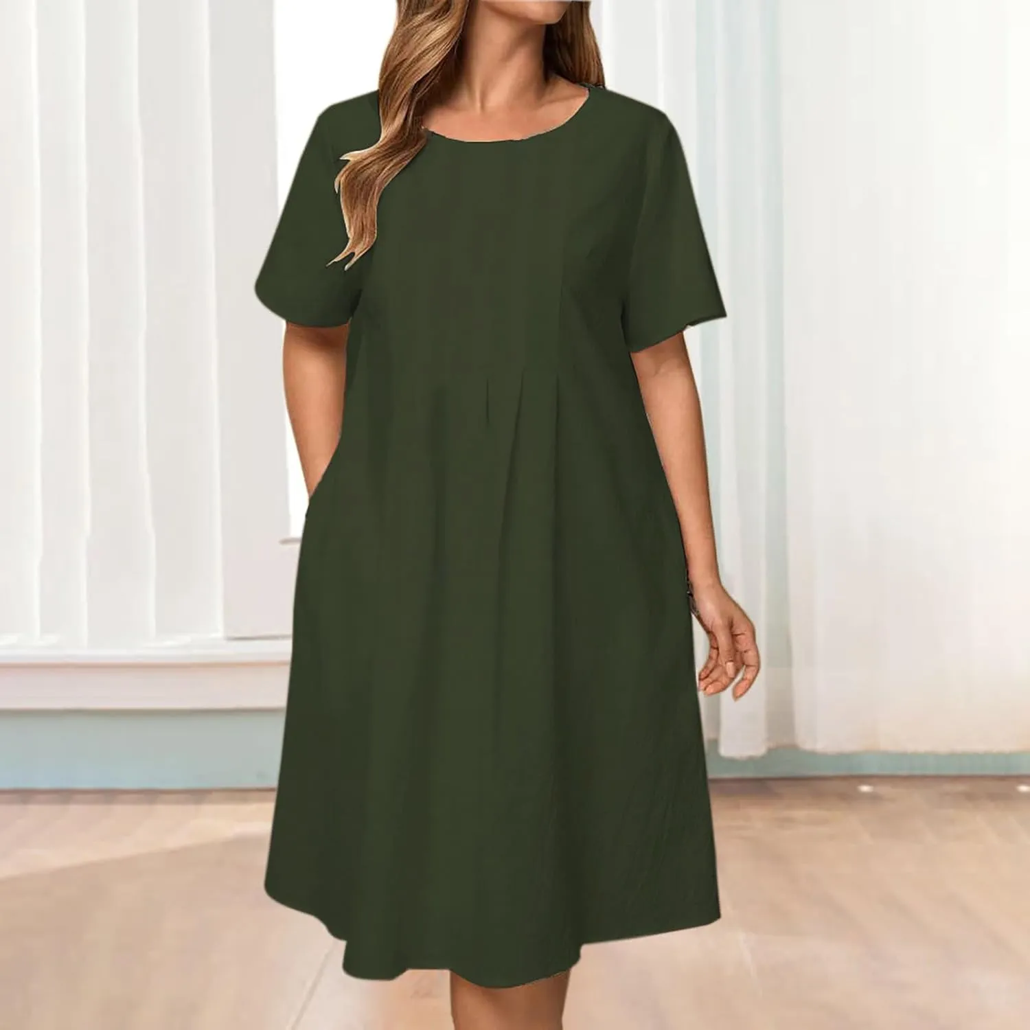 Women's Short Sleeve Swing Midi Dress Flowy Crewneck Plus Size Casual Loose Beach Vacation Dailywear T-Shirt Dress