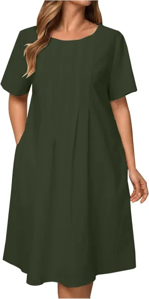 Women's Short Sleeve Swing Midi Dress Flowy Crewneck Plus Size Casual Loose Beach Vacation Dailywear T-Shirt Dress