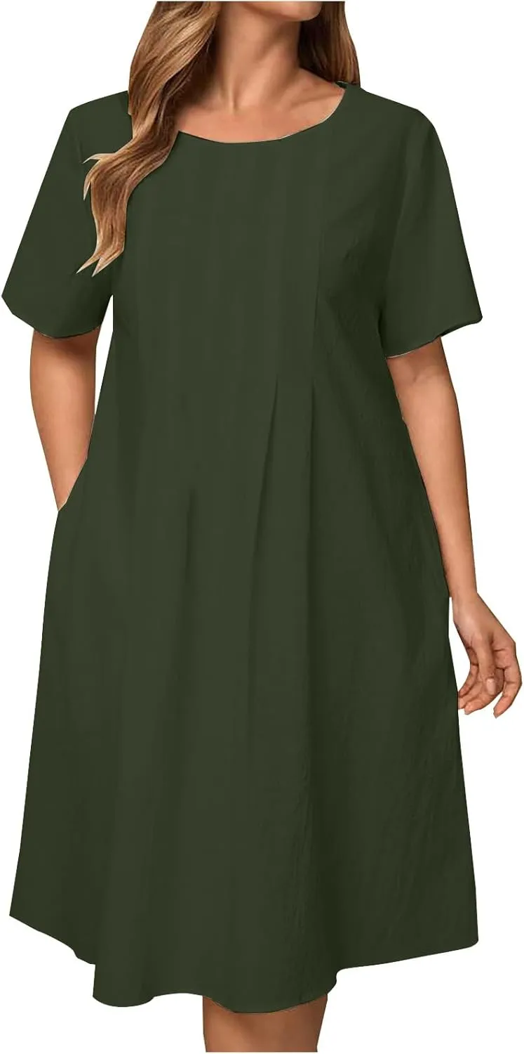 Women's Short Sleeve Swing Midi Dress Flowy Crewneck Plus Size Casual Loose Beach Vacation Dailywear T-Shirt Dress