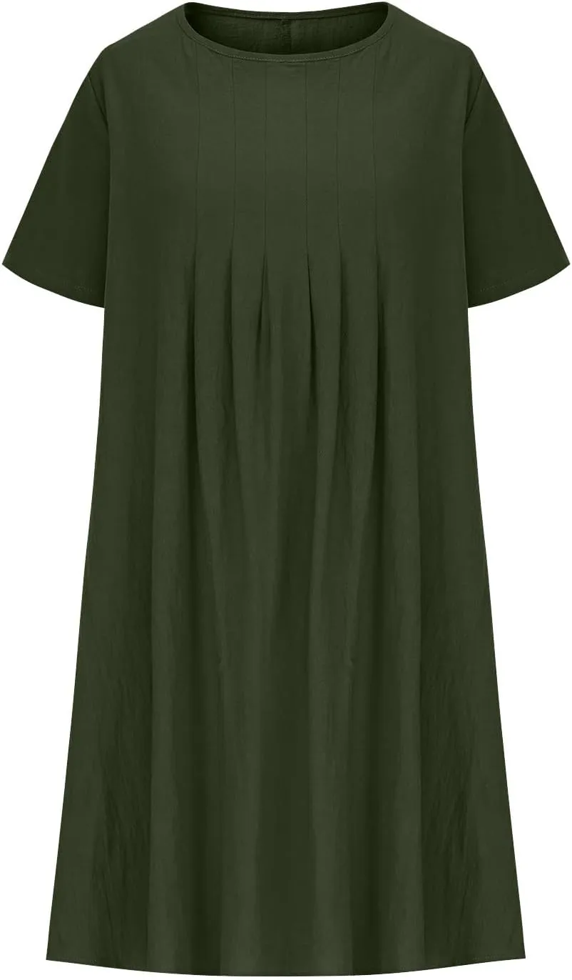 Women's Short Sleeve Swing Midi Dress Flowy Crewneck Plus Size Casual Loose Beach Vacation Dailywear T-Shirt Dress