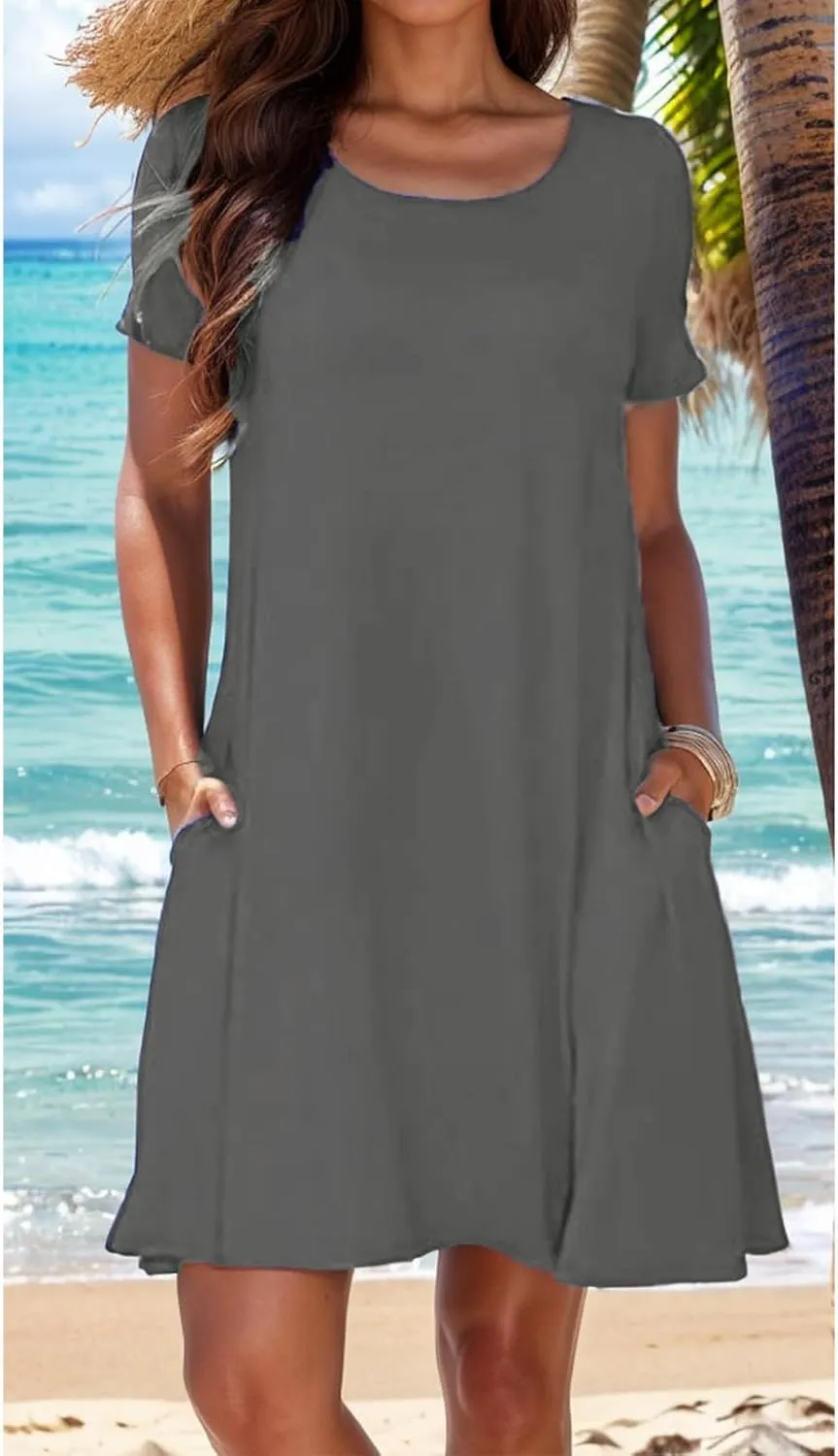 Women's Summer Casual T-Shirt Dress Beach Boho Swing Dresses Short Sleeve Loose Flowy Sundress with Pockets