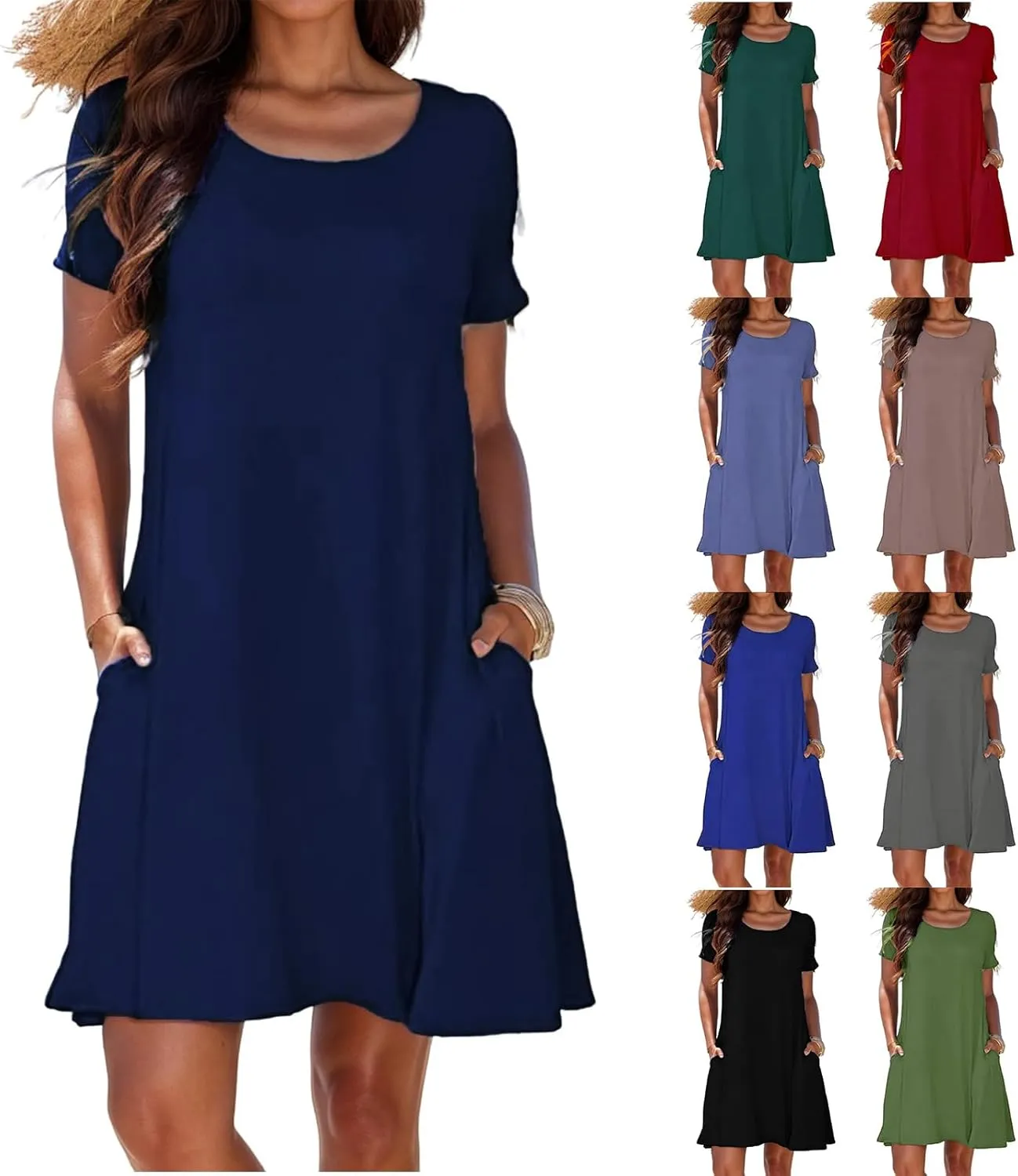 Women's Summer Casual T-Shirt Dress Beach Boho Swing Dresses Short Sleeve Loose Flowy Sundress with Pockets