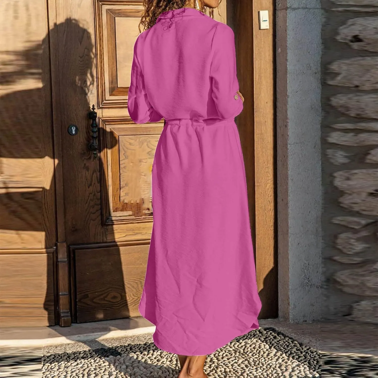 Women's Summer Dresses Cotton Linen Long Sleeve Button Down Casual Sundress Sexy Beach Maxi Shirt Dress with Pockets