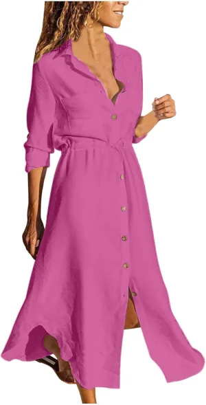 Women's Summer Dresses Cotton Linen Long Sleeve Button Down Casual Sundress Sexy Beach Maxi Shirt Dress with Pockets
