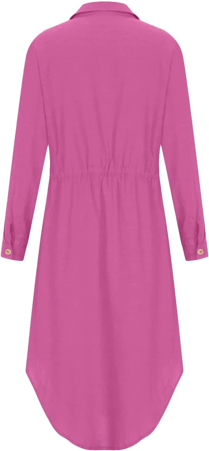 Women's Summer Dresses Cotton Linen Long Sleeve Button Down Casual Sundress Sexy Beach Maxi Shirt Dress with Pockets