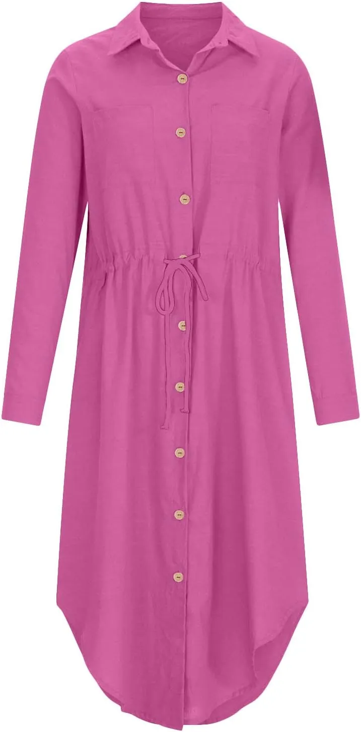 Women's Summer Dresses Cotton Linen Long Sleeve Button Down Casual Sundress Sexy Beach Maxi Shirt Dress with Pockets