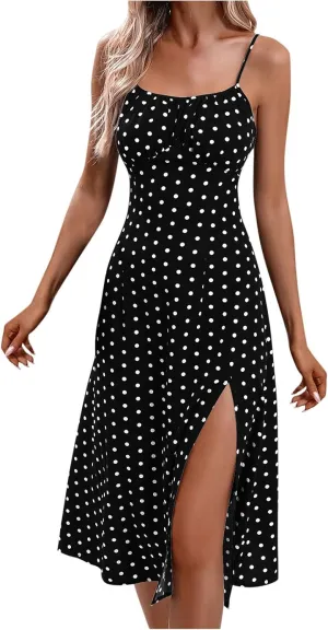 Womens Summer Dresses Empire Waist Polka Dots Spaghetti Strap Sundress Side Split Wedding Guest A-Line Midi Dress