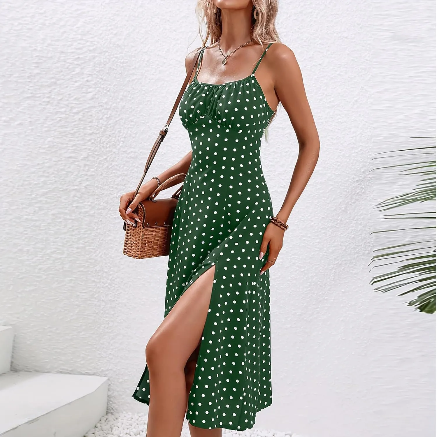 Womens Summer Dresses Empire Waist Polka Dots Spaghetti Strap Sundress Side Split Wedding Guest A-Line Midi Dress