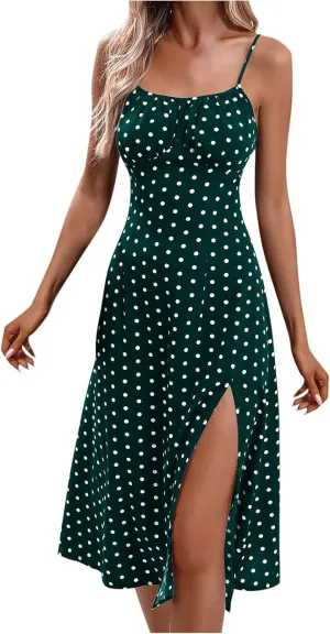 Womens Summer Dresses Empire Waist Polka Dots Spaghetti Strap Sundress Side Split Wedding Guest A-Line Midi Dress
