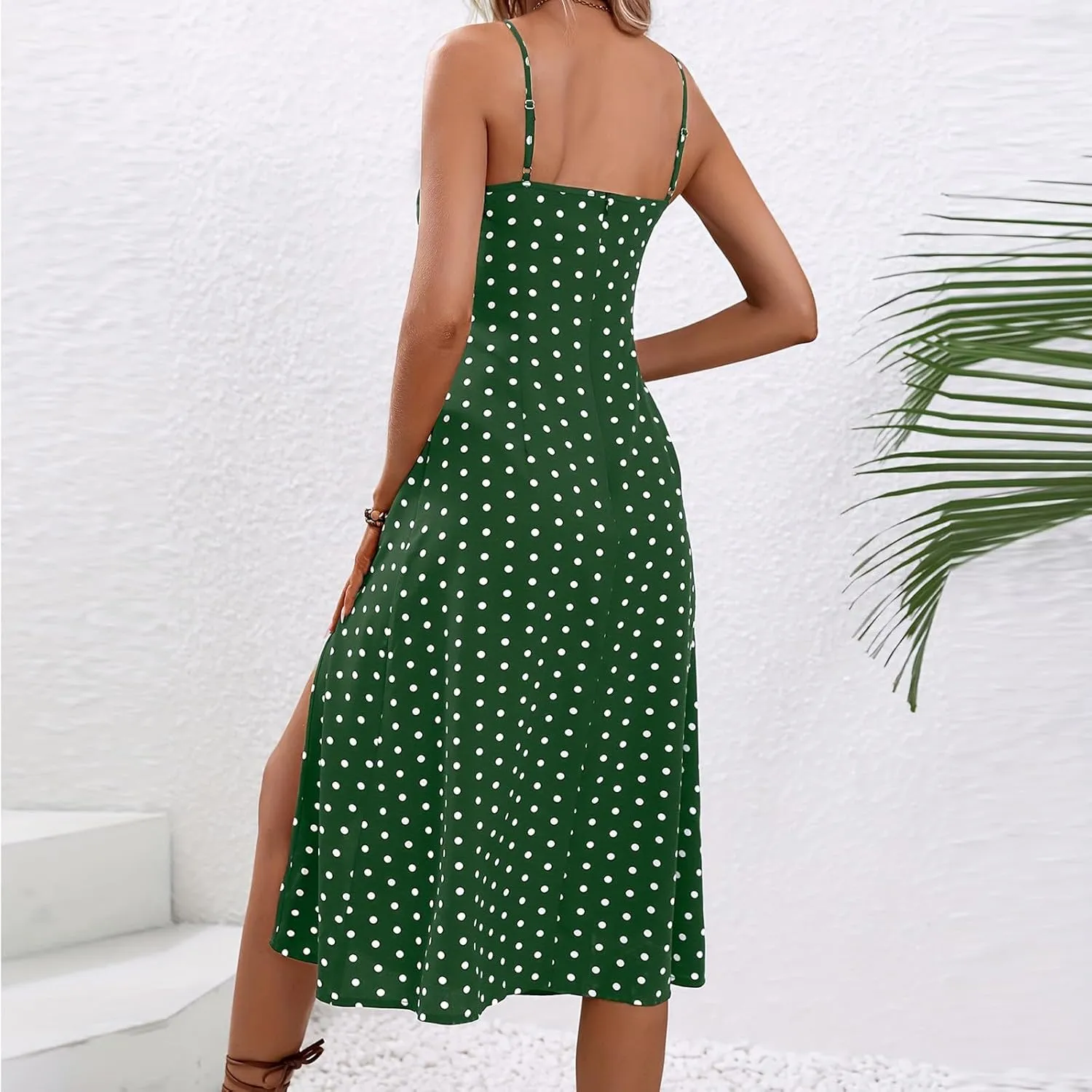 Womens Summer Dresses Empire Waist Polka Dots Spaghetti Strap Sundress Side Split Wedding Guest A-Line Midi Dress