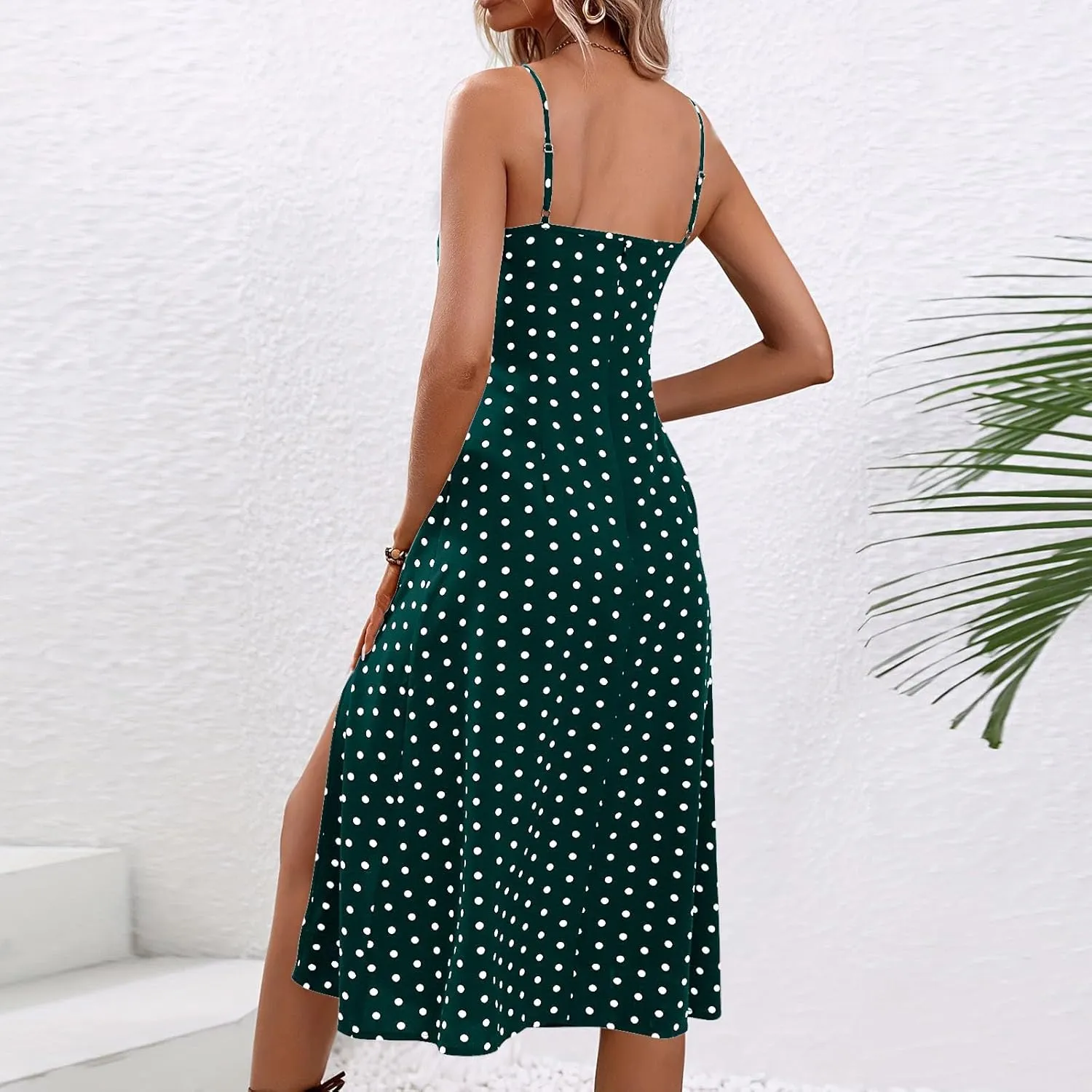 Womens Summer Dresses Empire Waist Polka Dots Spaghetti Strap Sundress Side Split Wedding Guest A-Line Midi Dress