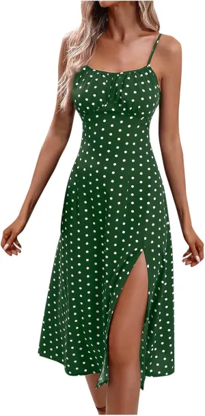 Womens Summer Dresses Empire Waist Polka Dots Spaghetti Strap Sundress Side Split Wedding Guest A-Line Midi Dress