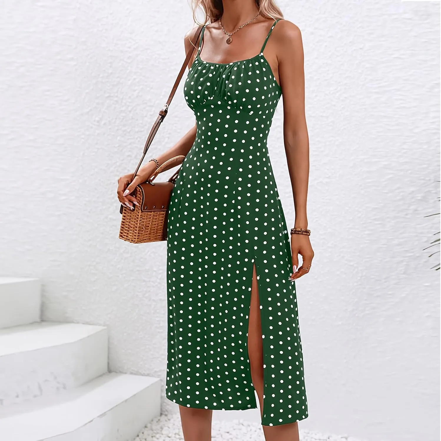 Womens Summer Dresses Empire Waist Polka Dots Spaghetti Strap Sundress Side Split Wedding Guest A-Line Midi Dress