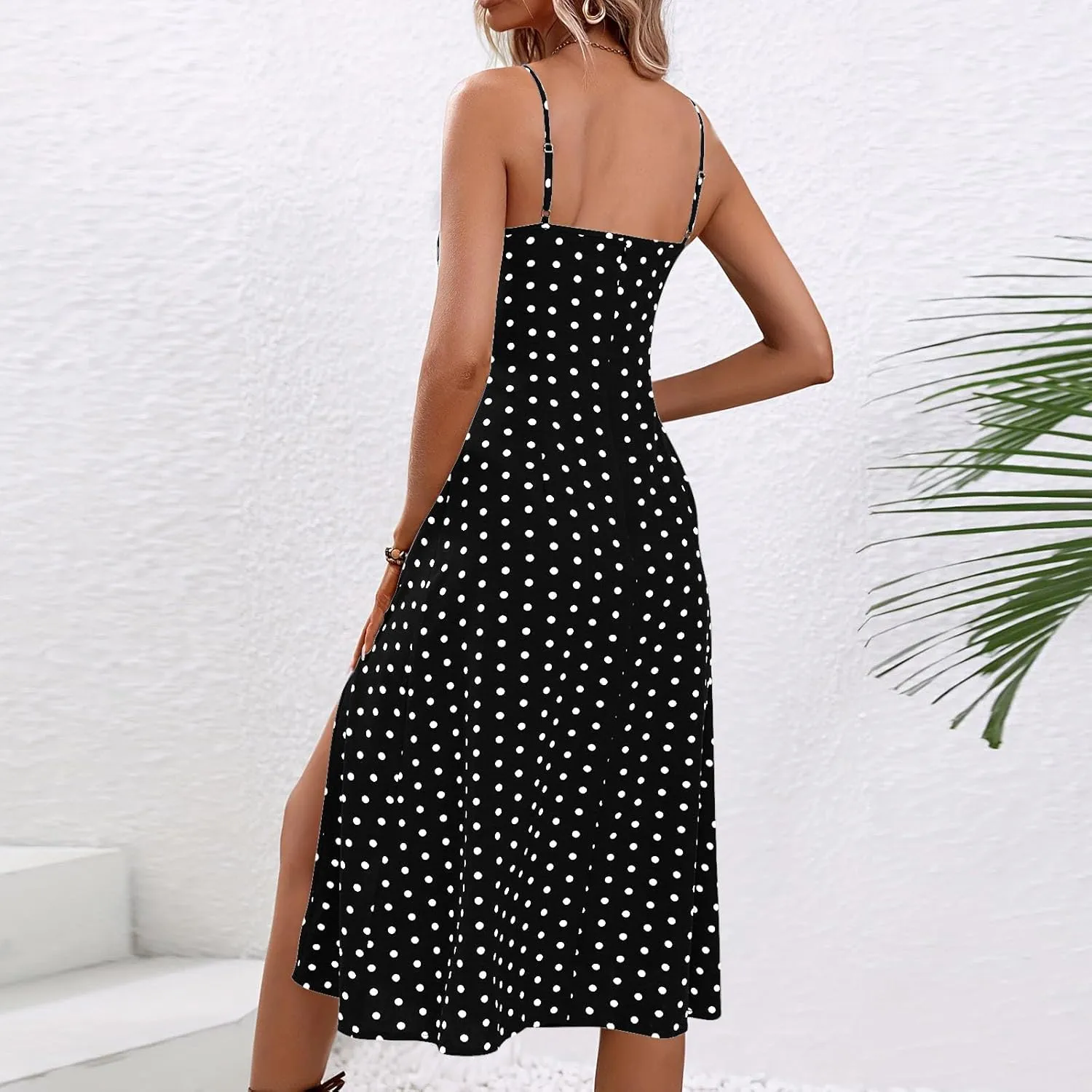 Womens Summer Dresses Empire Waist Polka Dots Spaghetti Strap Sundress Side Split Wedding Guest A-Line Midi Dress