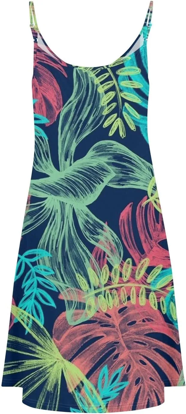 Womens Summer Dresses Flowy Beach Sundresses Button Floral Sleeveless Beach Cover Up Spaghetti Strap Casual Mini Dress