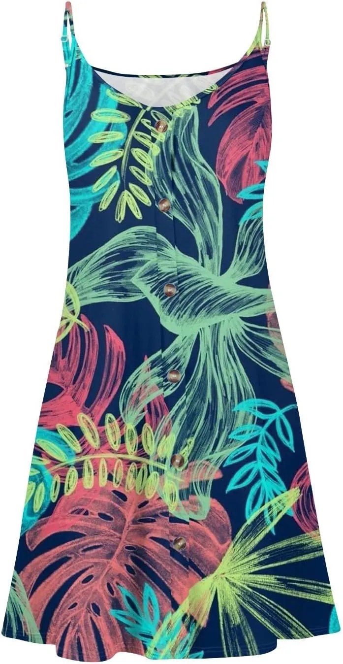 Womens Summer Dresses Flowy Beach Sundresses Button Floral Sleeveless Beach Cover Up Spaghetti Strap Casual Mini Dress