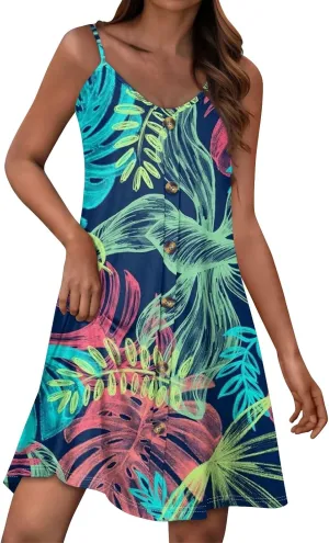 Womens Summer Dresses Flowy Beach Sundresses Button Floral Sleeveless Beach Cover Up Spaghetti Strap Casual Mini Dress