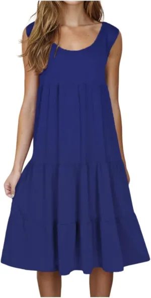 Womens Summer Dresses Round Neck Tank Tiered Flowy Midi Dress A Line Babydoll Casual Sleeveless Plus Size Sundress